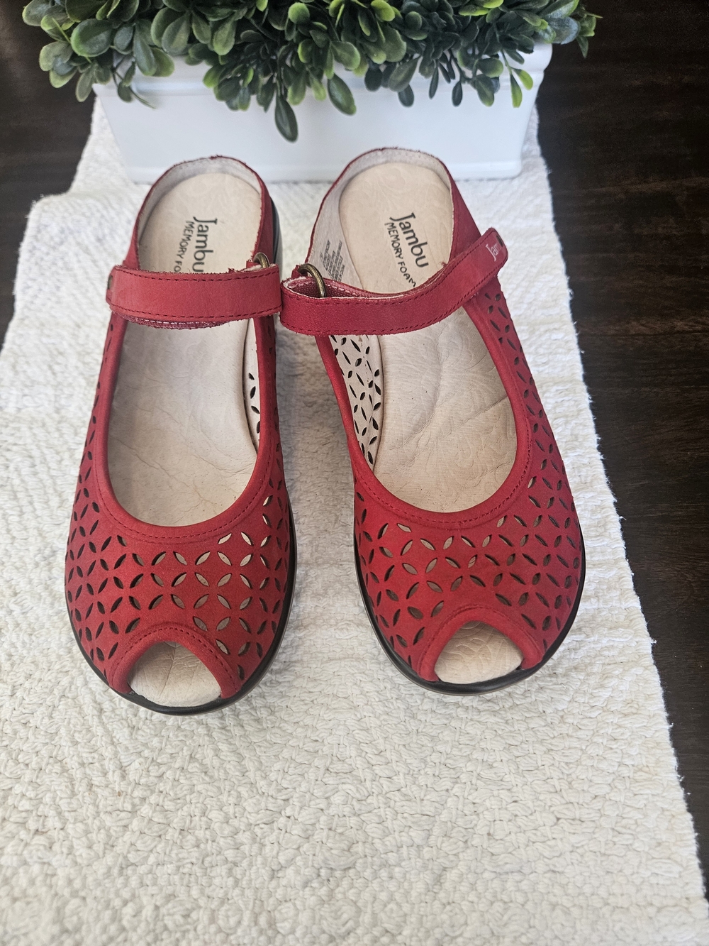 Jambu Red Mary Jane Peep-Toe Comfort Flats